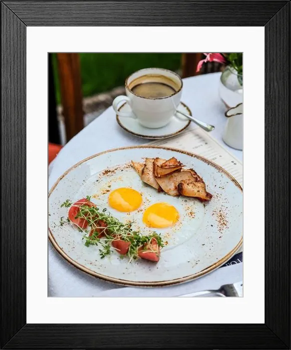 Framed Print : Enjoy a delicious breakfast featuring eggs, grilled chicken, and a nice cup of coffee Framed Print : Enjoy a delicious breakfast featuring eggs, grilled chicken, and a nice cup of coffee