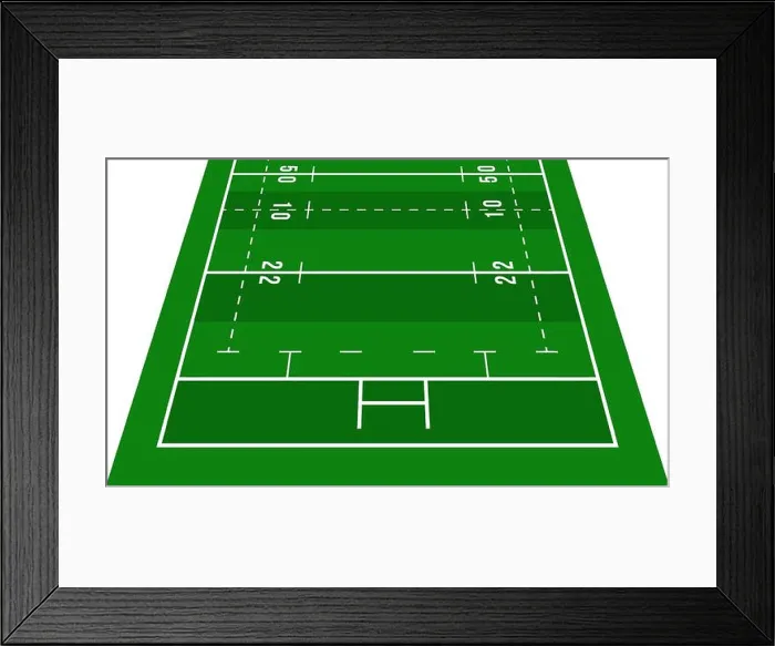 Framed Print : Perspective green rugby half field. View from front. Rugby field with line template. Vector illustration stadium Framed Print : Perspective green rugby half field. View from front. Rugby field with line template. Vector illustration stadium