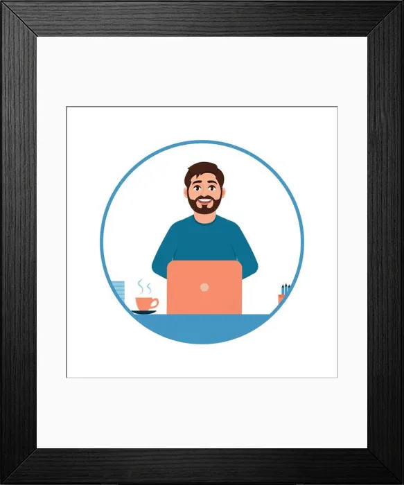 Framed Print : Avatar of a young bearded guy who works on a laptop Framed Print : Avatar of a young bearded guy who works on a laptop