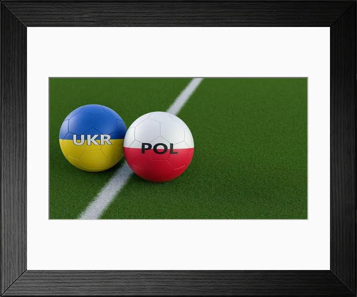 Framed Print : Ukraine vs. Poland Soccer Match - Leather balls in Ukraine and Poland national colors. 3D Rendering Framed Print : Ukraine vs. Poland Soccer Match - Leather balls in Ukraine and Poland national colors. 3D Rendering