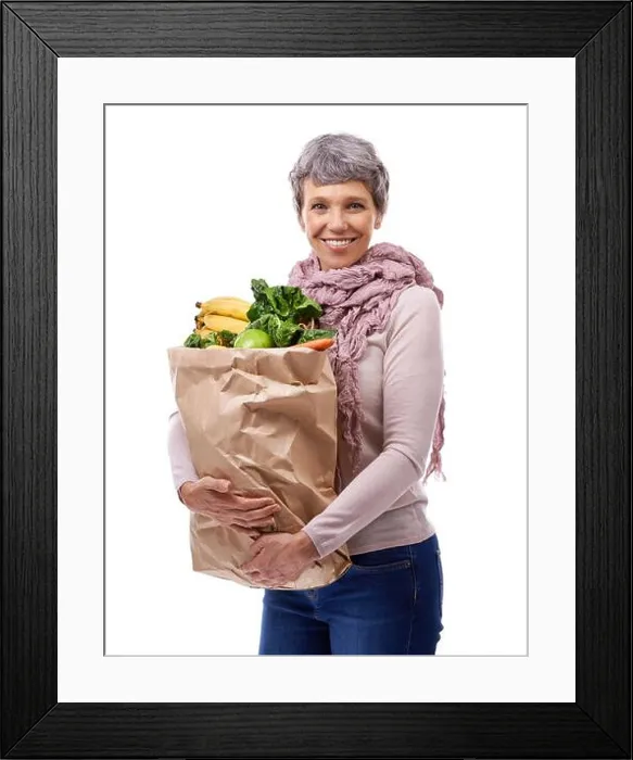 Framed Print : Woman, paper bag and portrait with vegetables for shopping Framed Print : Woman, paper bag and portrait with vegetables for shopping