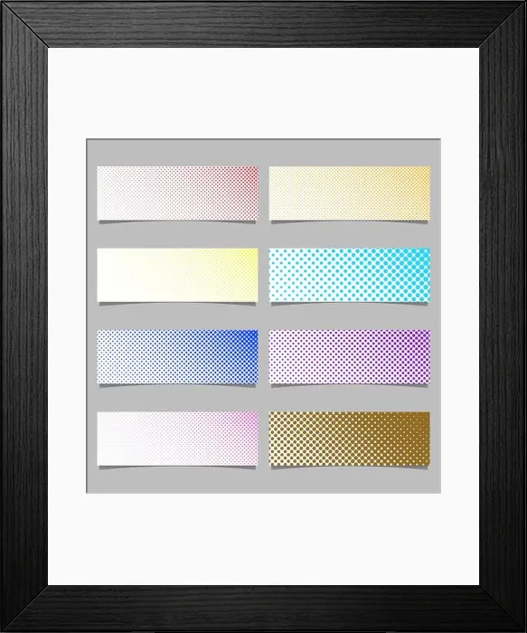 Framed Print : Retro halftone dot pattern banner background set - horizontal illustrations with circles in varying sizes Framed Print : Retro halftone dot pattern banner background set - horizontal illustrations with circles in varying sizes