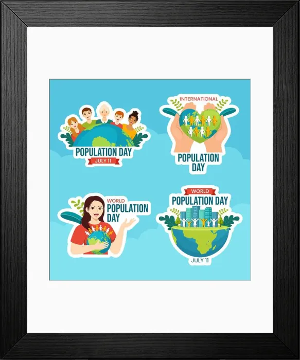 Framed Print : World Population Day Label Flat Cartoon Hand Drawn Templates Background Illustration