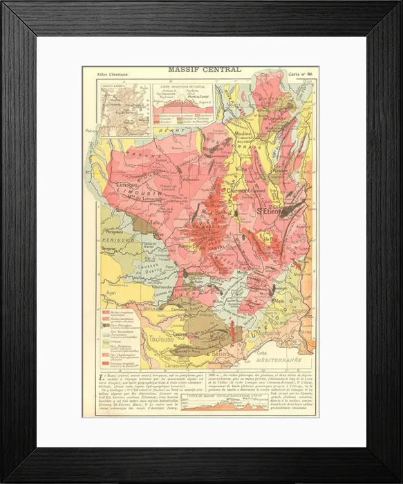 Framed Print : CANTAL: Massif Central; map of Monts Domes; Coupe Geologique du, 1923 Framed Print : CANTAL: Massif Central; map of Monts Domes; Coupe Geologique du, 1923