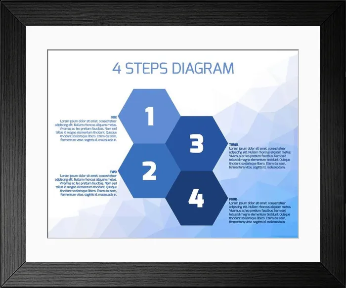 Framed Print : Four steps diagram of hexagonal elements Framed Print : Four steps diagram of hexagonal elements