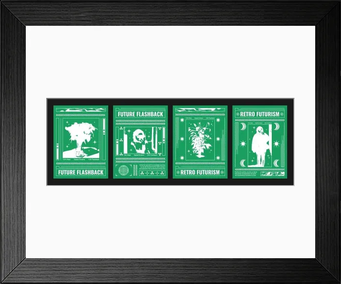 Framed Print : Poster design template in cyberpunk y2k style with bitmap images on green background Framed Print : Poster design template in cyberpunk y2k style with bitmap images on green background