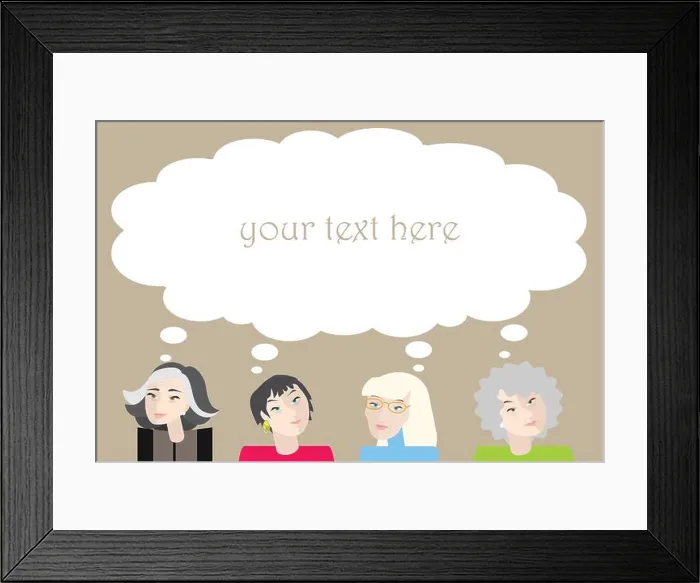 Framed Print : Four elderly and old women with thinking bubble above their heads Framed Print : Four elderly and old women with thinking bubble above their heads