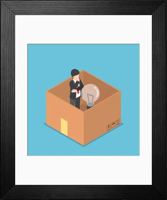 Framed Print : Isometric businessman with light bulb of idea inside the paper box, think inside the box, business idea concept Framed Print : Isometric businessman with light bulb of idea inside the paper box, think inside the box, business idea concept