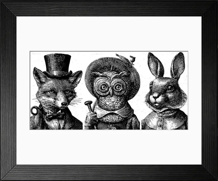 Framed Print : Vintage animal portraits with fox, owl, and rabbit in black and white engraving Framed Print : Vintage animal portraits with fox, owl, and rabbit in black and white engraving