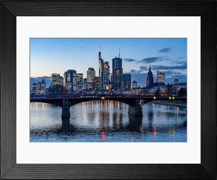 Framed Print : Skyline of the city centre of Frankfurt am Main, river Main, dusk, Ignatz-Bubis-Bruecke, Hesse, Germany Framed Print : Skyline of the city centre of Frankfurt am Main, river Main, dusk, Ignatz-Bubis-Bruecke, Hesse, Germany