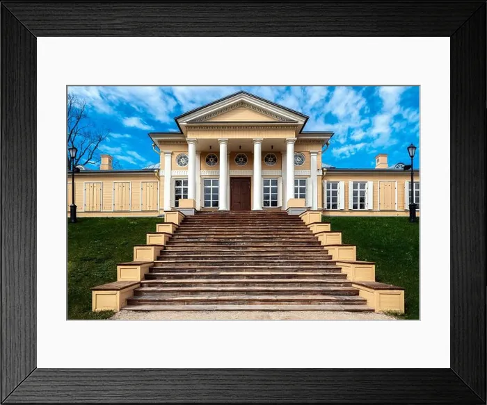 Framed Print : Wooden house with white columns and a wide staircase with stone steps leading to it Framed Print : Wooden house with white columns and a wide staircase with stone steps leading to it