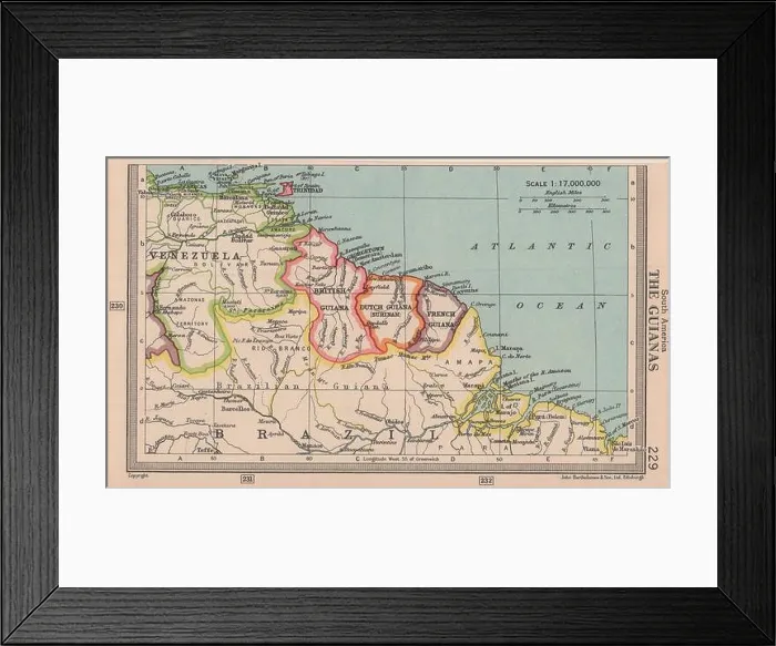 Framed Print : The Guianas. British, French Guyana & Suriname. BARTHOLOMEW 1949 old map Framed Print : The Guianas. British, French Guyana & Suriname. BARTHOLOMEW 1949 old map