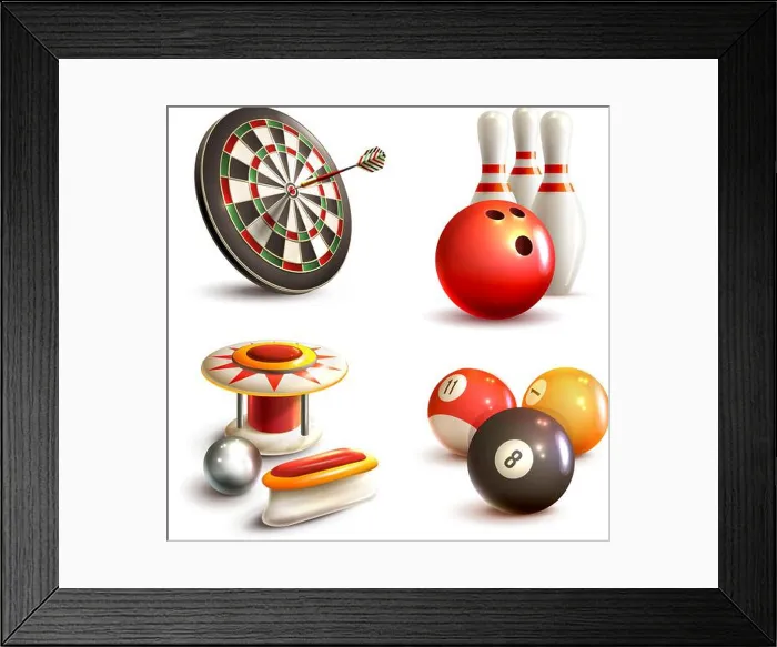 Framed Print : Game realistic icons set with bowling pinball billiard darts isolated vector illustration Framed Print : Game realistic icons set with bowling pinball billiard darts isolated vector illustration