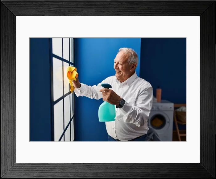 Framed Print : Senior man smiling confident cleaning window at laundry room Framed Print : Senior man smiling confident cleaning window at laundry room