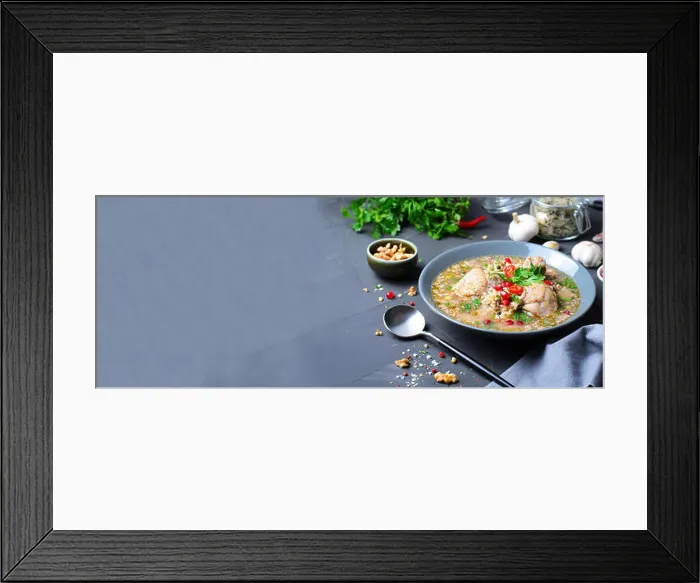 Framed Print : Kharcho Soup with Chicken and Herbs on Dark Background, Georgian Cuisine Framed Print : Kharcho Soup with Chicken and Herbs on Dark Background, Georgian Cuisine