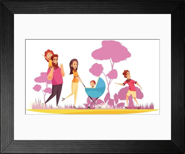 Framed Print : Family active holidays parents with kids during summer stroll on background of trees silhouettes cartoon vector Framed Print : Family active holidays parents with kids during summer stroll on background of trees silhouettes cartoon vector