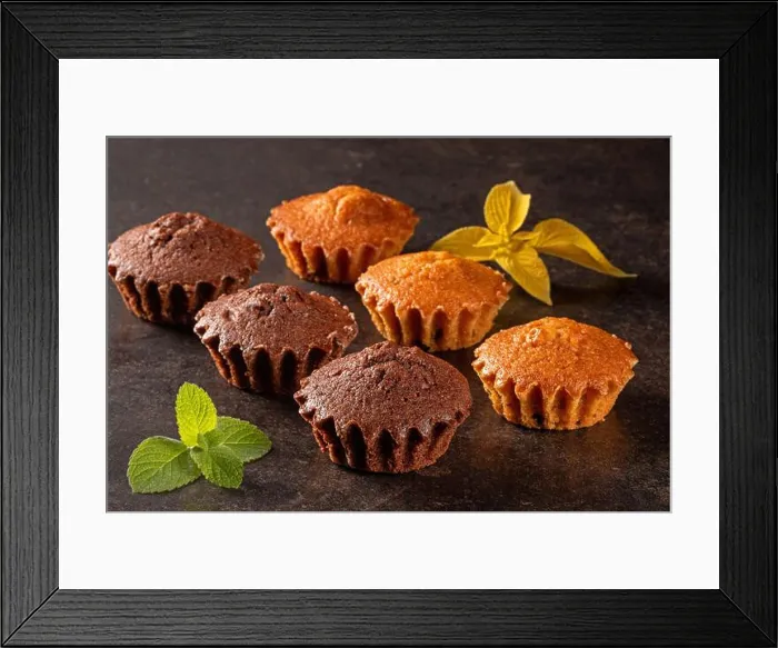 Framed Print : This appealing image features a variety of freshly baked muffins artfully arranged with vibrant green mint leaves