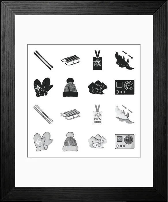 Framed Print : Mittens, warm hat, ski piste, motion camera Framed Print : Mittens, warm hat, ski piste, motion camera