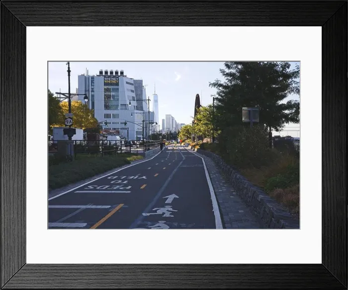Framed Print : New York, NY, USA - Oct 23, 2021: Bike lanes along the west side of Manhattan facing downtown