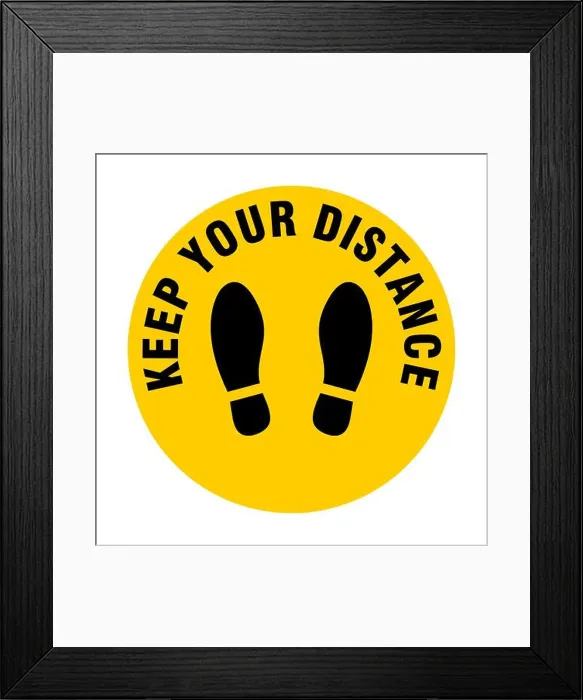 Framed Print : Titel Keep Your Distance Round Floor Marking Icon with Text Framed Print : Titel Keep Your Distance Round Floor Marking Icon with Text