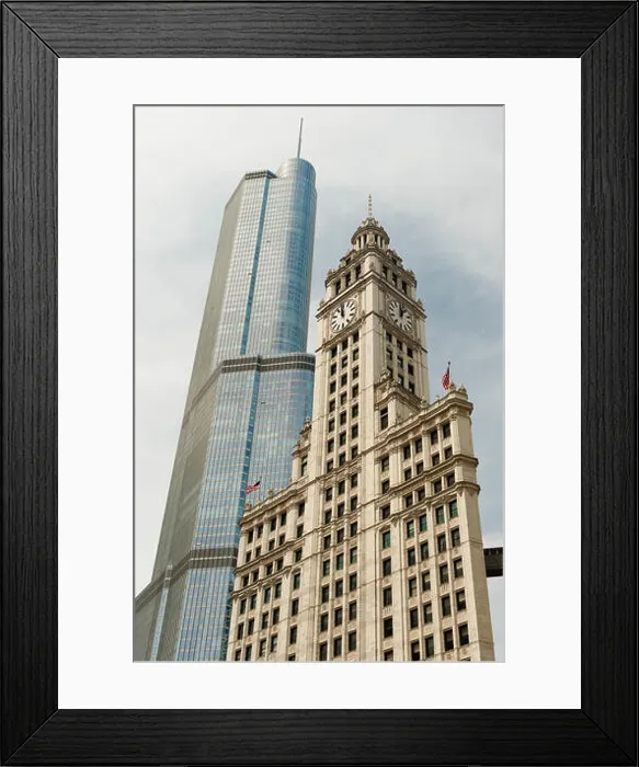 Framed Print : Chicago landmarks, low angle view of Trump Tower and Wrigley Building in downtown Chicago, Illinois, USA Framed Print : Chicago landmarks, low angle view of Trump Tower and Wrigley Building in downtown Chicago, Illinois, USA