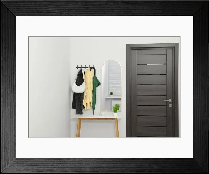 Framed Print : Mirror, rack with clothes and shoe storage bench in hallway. Interior design Framed Print : Mirror, rack with clothes and shoe storage bench in hallway. Interior design