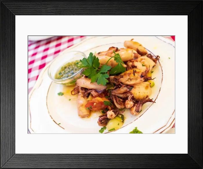 Framed Print : Delicious grilled squids with vegetables on plate Framed Print : Delicious grilled squids with vegetables on plate