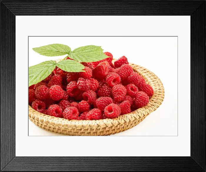 Framed Print : Berries of ripe raspberries in a wicker basket on a white background