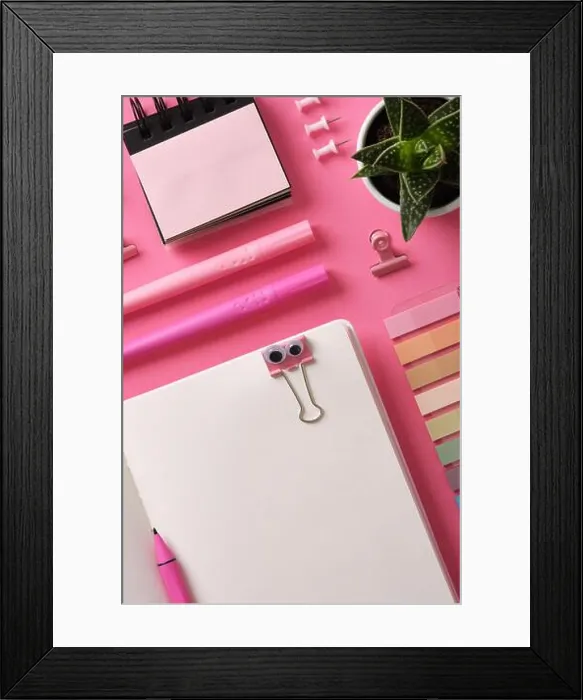 Framed Print : Stationery background with open notepad with office supplies in pink theme Framed Print : Stationery background with open notepad with office supplies in pink theme