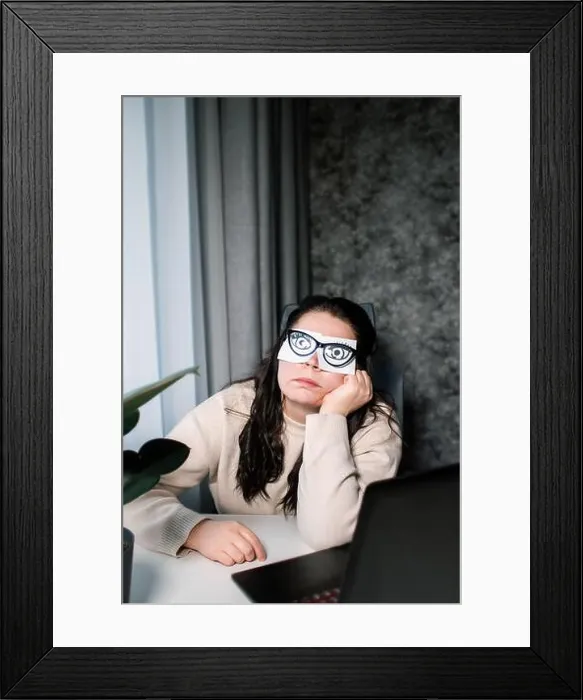 Framed Print : Tired Caucasian woman freelancer feeling stressed from work problems Framed Print : Tired Caucasian woman freelancer feeling stressed from work problems