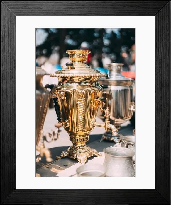 Framed Print : Shiny Bright Traditional Russian Samovar At Flea Market Framed Print : Shiny Bright Traditional Russian Samovar At Flea Market