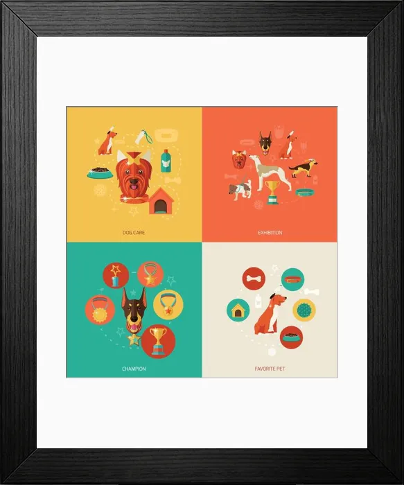 Framed Print : Dog icons flat set with dog care exhibition champion favorite pet isolated vector illustration Framed Print : Dog icons flat set with dog care exhibition champion favorite pet isolated vector illustration