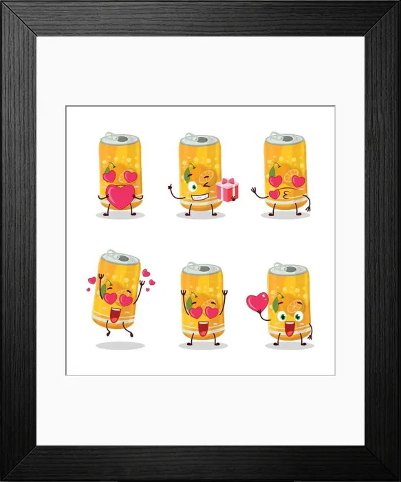 Framed Print : Orange soda can cartoon character with love cute emoticon Framed Print : Orange soda can cartoon character with love cute emoticon