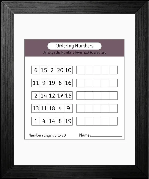 Framed Print : Ordering numbers worksheet. Number range up to 20 Framed Print : Ordering numbers worksheet. Number range up to 20