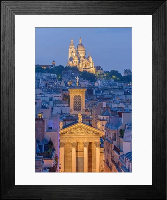 Framed Print : France, Paris, the Sacre Coeur basilica on the Montmartre hill and the Notre Dame de Lorette church illuminated at night Framed Print : France, Paris, the Sacre Coeur basilica on the Montmartre hill and the Notre Dame de Lorette church illuminated at night