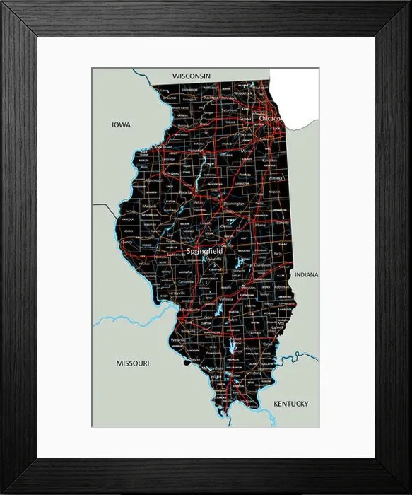Framed Print : High detailed Illinois road map with labeling Framed Print : High detailed Illinois road map with labeling