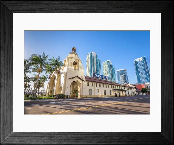 Framed Print : SAN DIEGO, CALIFORNIA - FEBRUARY 26, 2016: Santa Fe Depot in downtown San Diego. The building dates from 1915 Framed Print : SAN DIEGO, CALIFORNIA - FEBRUARY 26, 2016: Santa Fe Depot in downtown San Diego. The building dates from 1915