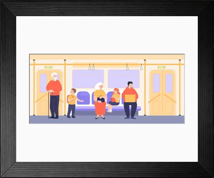 Framed Print : Boy offering seat to old man on train Framed Print : Boy offering seat to old man on train