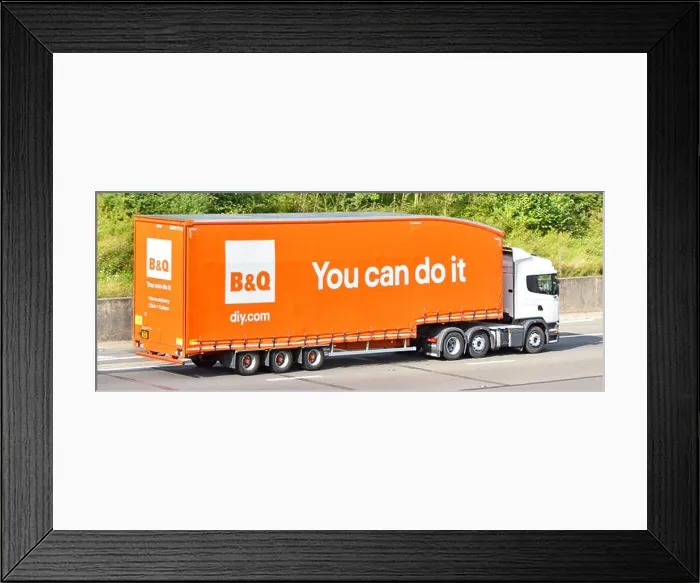 Framed Print : Side & back view white hgv supply chain delivery truck lorry & orange B&Q trailer You Can Do It retail business Framed Print : Side & back view white hgv supply chain delivery truck lorry & orange B&Q trailer You Can Do It retail business