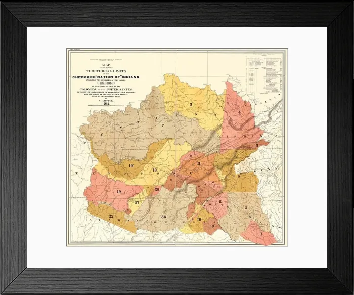 Framed Print : An enhanced, restored reproduction of a map of the former territorial limits of the Cherokee 'Nation of' Indians 1884 Framed Print : An enhanced, restored reproduction of a map of the former territorial limits of the Cherokee 'Nation of' Indians 1884