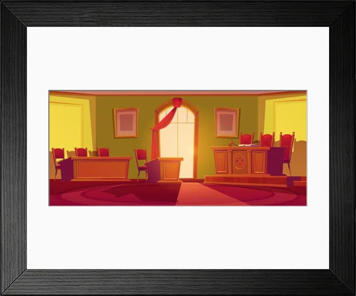 Framed Print : Courtroom empty interior with wooden desk with scales and wood gavel Framed Print : Courtroom empty interior with wooden desk with scales and wood gavel