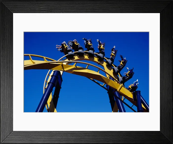 Framed Print : USA, Texas, Dallas, Six Flags Over Texas amusement park, Roller Coaster against blue sky Framed Print : USA, Texas, Dallas, Six Flags Over Texas amusement park, Roller Coaster against blue sky