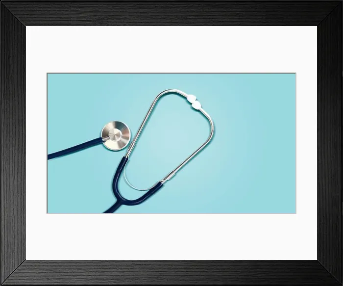 Framed Print : Stethoscope and heart symbol with inscription World Health Day on blue background