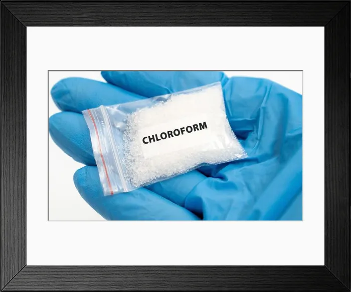 Framed Print : Chloroform drug. A chemical solvent historically used as an anaesthetic, now abused for its sedative effects Framed Print : Chloroform drug. A chemical solvent historically used as an anaesthetic, now abused for its sedative effects