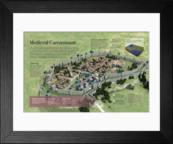 Framed Print : Infographic about the history and town-planning of Carcassonne Framed Print : Infographic about the history and town-planning of Carcassonne