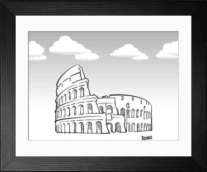 Framed Print : Rome, Italy famous landmark sketch. Lineart drawing by hand. Greeting card icon with title, vector illustration Framed Print : Rome, Italy famous landmark sketch. Lineart drawing by hand. Greeting card icon with title, vector illustration