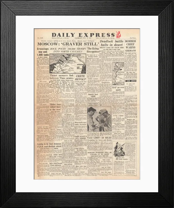 Framed Print : 1942 front page Daily Express Battle for Rostov & Caucasus Framed Print : 1942 front page Daily Express Battle for Rostov & Caucasus