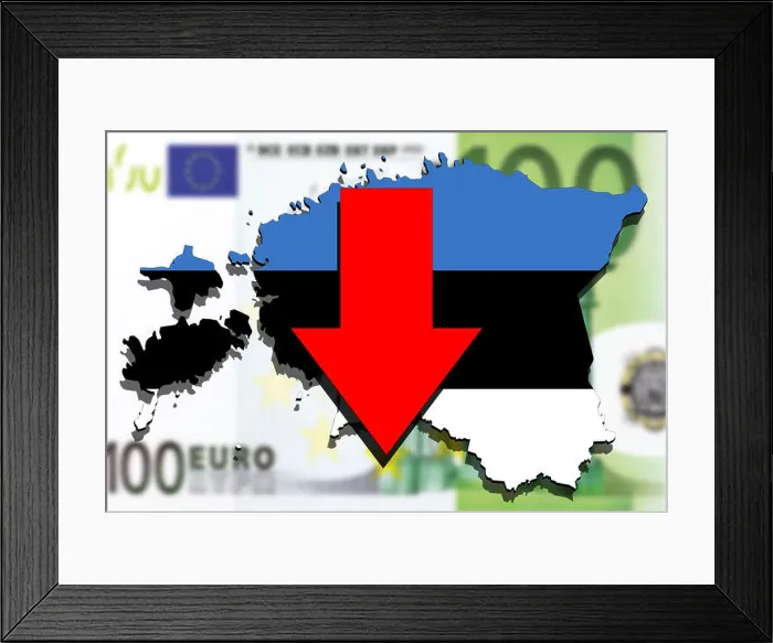 Framed Print : Estonia map on euro money background, red arrow down