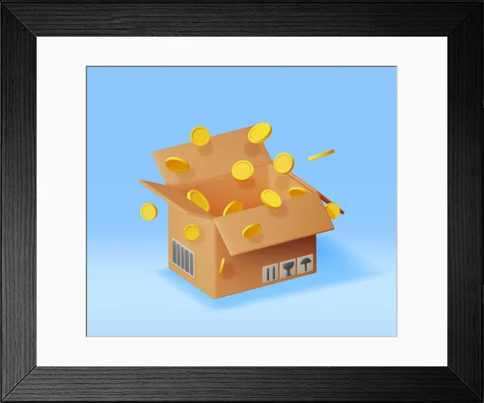 Framed Print : 3D Cardboard Box with Gold Coins Inside Isolated Framed Print : 3D Cardboard Box with Gold Coins Inside Isolated