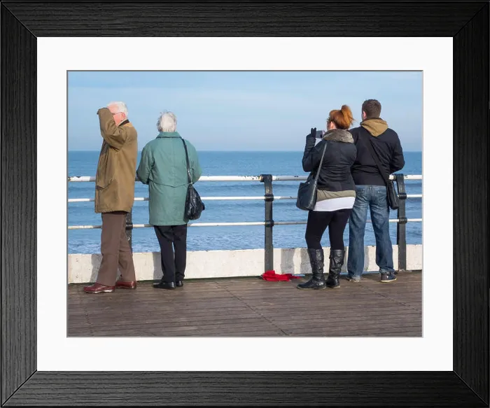 Framed Print : Two couples, young and old, on the end of Saltburn pier enjoying the view in warm winter sunshine Framed Print : Two couples, young and old, on the end of Saltburn pier enjoying the view in warm winter sunshine